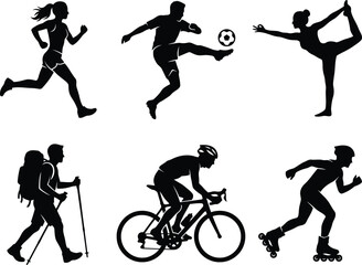 Set of human silhouettes doing various sports and fitness activities including running, football, yoga, hiking, cycling, and roller skating © SAIF820