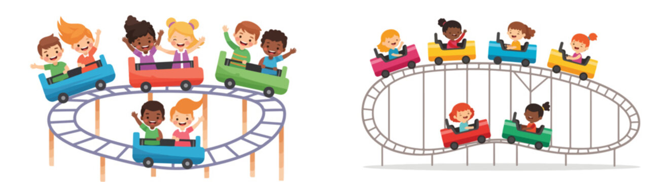 Joyful diverse kids on exciting rollercoaster rides, having a blast at the amusement park, captured in vibrant cartoon illustrations of pure happiness