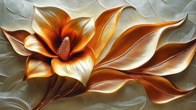 Sculptural golden flower with gleaming petals, textured stamen and sweeping metallic leaves on a subtle textured background, elegant serene and luxurious decorative floral relief
