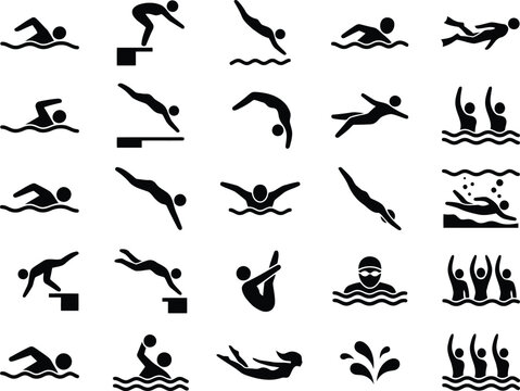 Set of black swimming icons showing people diving and swimming in water