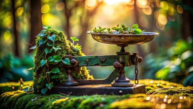 A photo of an old scale with moss and ivy growing on it, casting a mysterious shadow