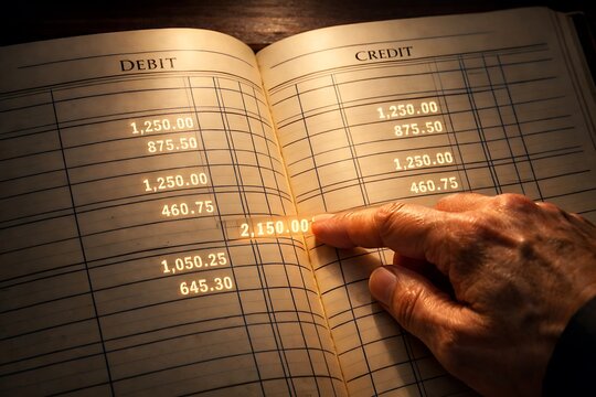 Hand Pointing to Glowing Financial Data in an Old Accounting Ledger