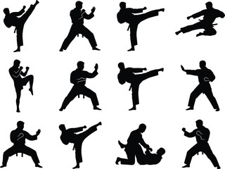 Set of black silhouettes of karate martial arts fighters in various dynamic combat poses and kicks © SAIF820
