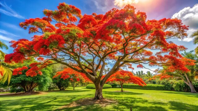 A photo of a tropical garden with a vibrant red Royal Poinciana tree in full bloom