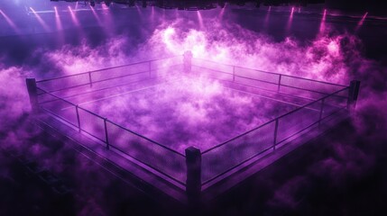 Naklejka premium empty four-post fighting ring shrouded in thick purple fog and dramatic spotlights, evoking suspense and eerie anticipation in a dark arena