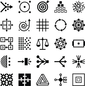 Set of black hand drawn icons representing abstract concepts like growth hierarchy network chaos and structure for business and science design projects