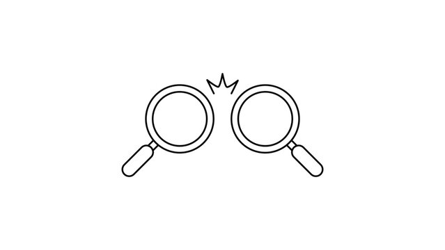 Competitive Analysis and Market Research Concept Featuring Two Magnifying Glasses Clashing, Minimalist Black Line Vector Icon with Editable Stroke on White Background for Business Strategy.
