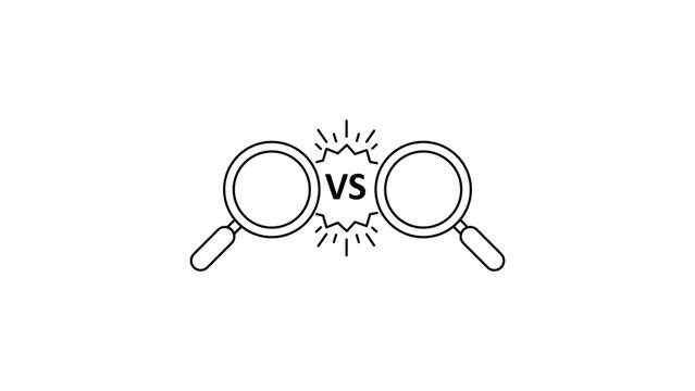 Competitive Analysis Vector Icon with Two Magnifying Glasses and VS Symbol. Minimalist Black Line Illustration with Editable Stroke for Business Comparison and Market Research on White Background.
