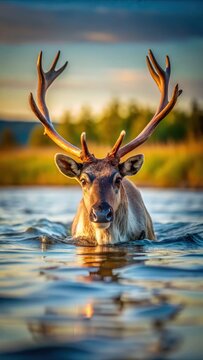 A photo of reindeer swimming across a river in the Lena River Delta, Russia