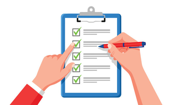 Vector hands holding a clipboard with a checklist and a red pen, marking completed tasks on a document, vector illustration of a survey or todo list