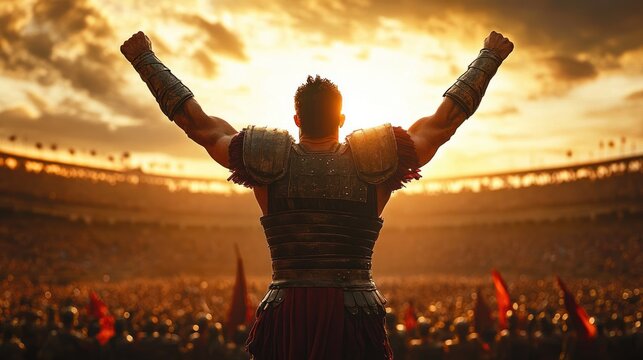 armored warrior raising arms in victory inside a packed ancient arena at sunset with triumphant celebration and dramatic golden sky