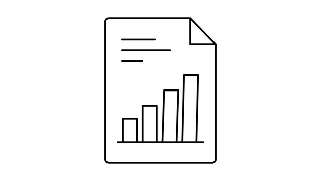 Business Report and Data Analysis Vector Icon. Minimalist black line illustration of a document with a bar chart showing growth. Scalable SVG with editable stroke for professional use.
