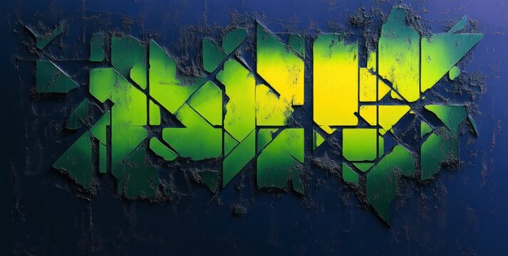 textured cracked wall with angular green and yellow geometric shards on a dark blue background, evoking tension and transformation