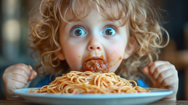 curly-haired child eagerly leaning over a plate of spaghetti with tomato sauce, small hands on the table, joyful anticipation