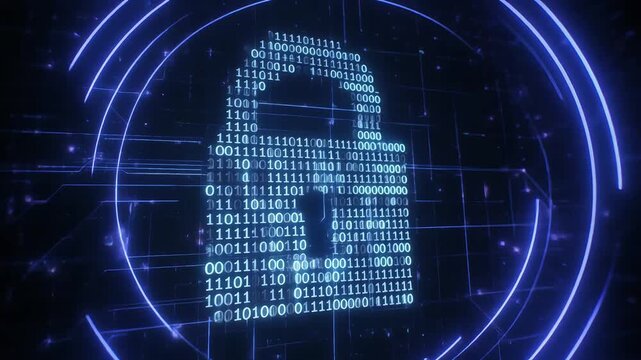 digital cyber security lock with binary code on dark blue background