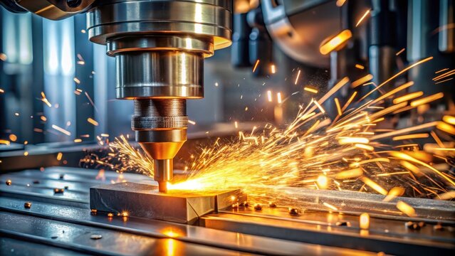 A photo of a metalworking CNC milling machine cutting through metal, generating sparks and debris, with the cutting edge glowing in the light The mac