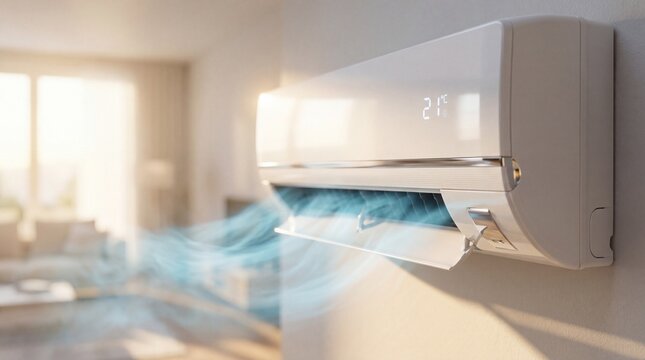 Wall mounted white modern split system air conditioner blowing cool fresh air into a contemporary bright home interior.