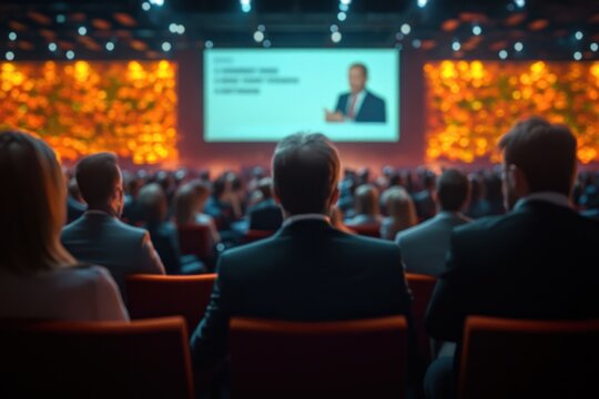 business audience of seated professionals watching a presenter and slide on a large stage with warm orange lighting in a filled conference hall, focused and attentive atmosphere
