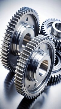 A photo of intricate engine gear wheels, meticulously polished and set against a stark white background The gears are finely detailed with interlocki