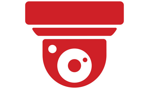 Minimalist red dome security surveillance camera icon for digital safety branding and monitoring systems isolated on white background