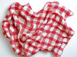 Obraz premium crumpled red and white checkered cloth on white background conveying a cozy casual picnic mood