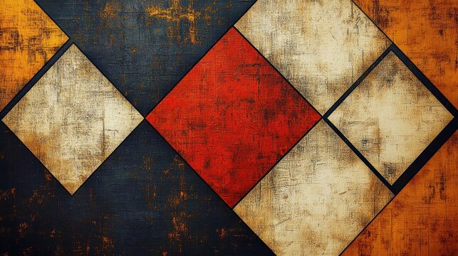 Textured geometric composition of rotated beige and navy squares with a central bold red diamond on distressed orange background, rustic modern mood