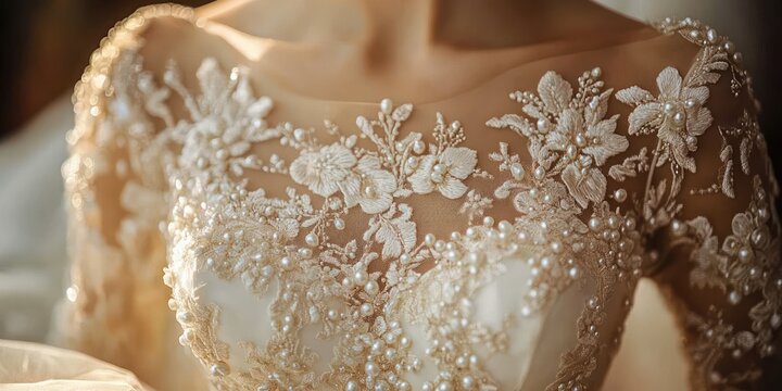 Close-up of a sheer illusion neckline wedding gown with floral lace appliqu&eacute;, pearl beadwork and off-shoulder collarbone detail evoking romantic elegance