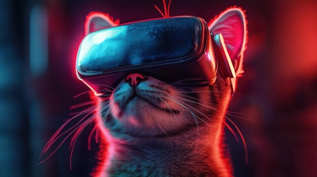 curious tabby cat wearing a virtual reality headset, whiskers and ears lit by neon blue and pink light, gazing upward with playful wonder