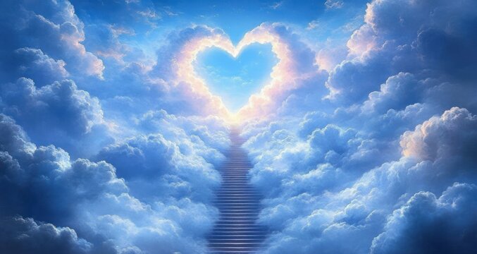 stairway of clouds leading to a glowing heart-shaped opening in a serene blue sky, ethereal and uplifting atmosphere