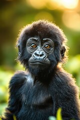 Obraz premium backlit young monkey looking over shoulder in warm golden light with soft fur and green bokeh, curious and attentive mood