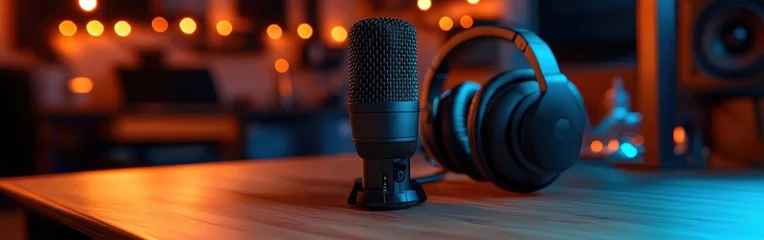 studio microphone and over-ear headphones on wooden desk with warm bokeh lights and moody blue-orange lighting, cozy creative atmosphere © zhuan