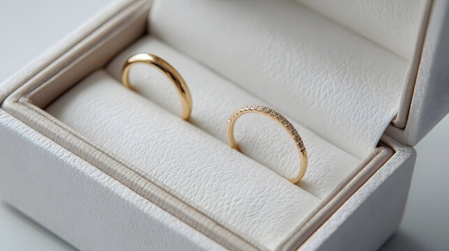 Two Elegant Gold Wedding Band Rings in White Jewelry Box