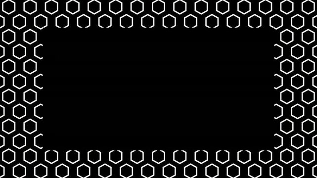 Animated Seamless Pattern Of White Hexagon Symbols Scrolling Right On A Black Background With Transparent Text Area In Center, Seamless Loop, Codec ProRes 4444 with alpha channel, 4K Horizontal Video