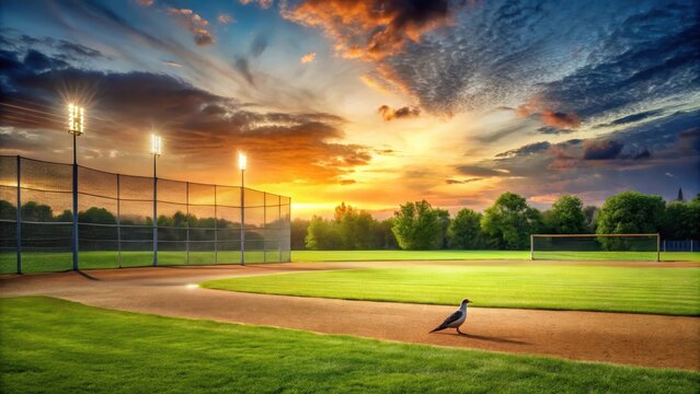A photo of a baseball diamond at dusk, with outfield grass under a soft twilight sky, the grandstand empty except for a lone bird perched on a fence p