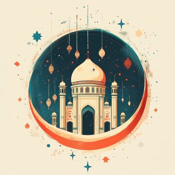 Dreamlike ornate domed mausoleum framed by a crescent moon, flanked by minarets and arches, with hanging lanterns and stars against a warm starry night, serene festive mood