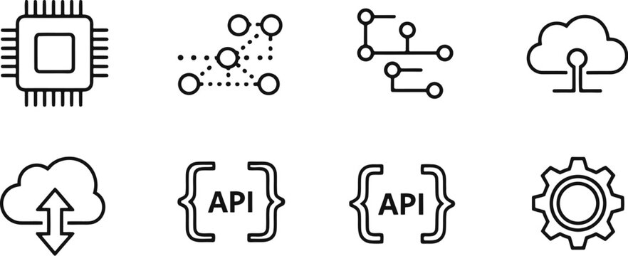 Technology icons set microchip data cloud api and settings representation