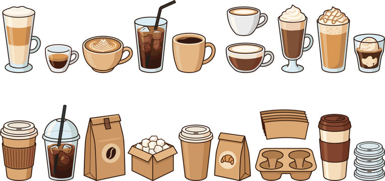 Coffee shop icon set featuring latte espresso cappuccino iced coffee takeaway cups beans sugar and cafe packaging vectors for menu design and branding.