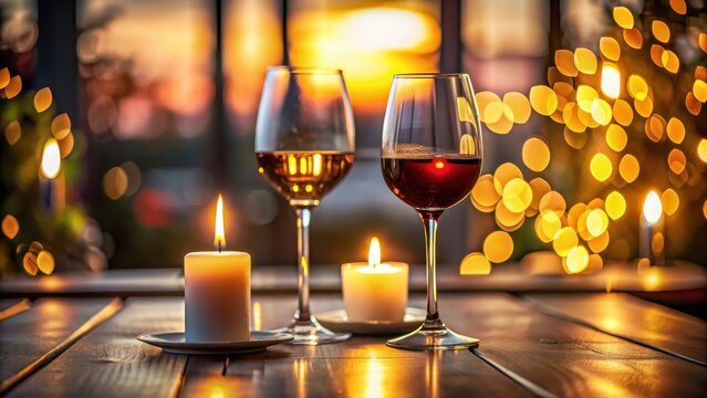 A photo of two glasses of wine on a table with a candle in sunlight White glass, red glass, table, candle, sunlight, evening, ambient light, warm col