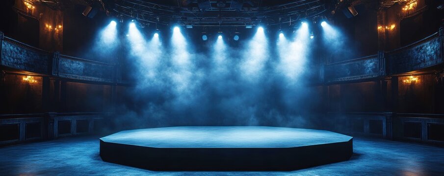 empty octagonal stage bathed in blue spotlights and fog inside a dark ornate theater conveying dramatic anticipation