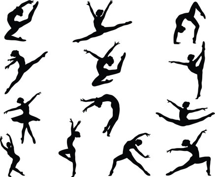 Set of black silhouettes showing female dancers and gymnasts performing various athletic poses and artistic ballet moves for performance design