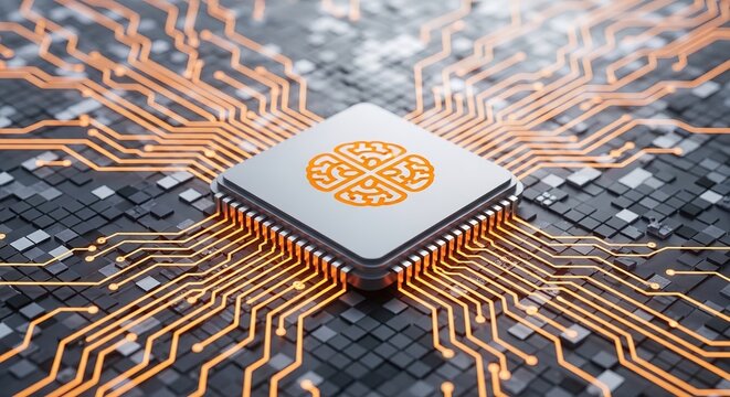 Close up of a computer chip with orange lines on a circuit board  microchip with intricate design and copper wiring  electronic component with brain symbol