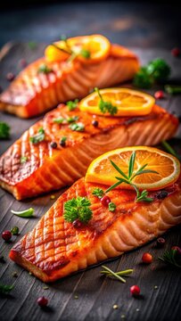 A photo of perfectly grilled salmon fillets resting on a rack, with vibrant orange and pink hues contrasting against the white of the fish