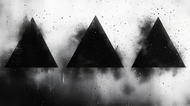 three black triangles stenciled on a grunge white background with paint splatters, blurred mirrored reflection and a moody minimalist atmosphere