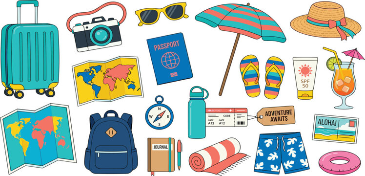 Colorful vector illustration set of summer travel icons including suitcase camera passport map and beach accessories for tropical vacation planning.