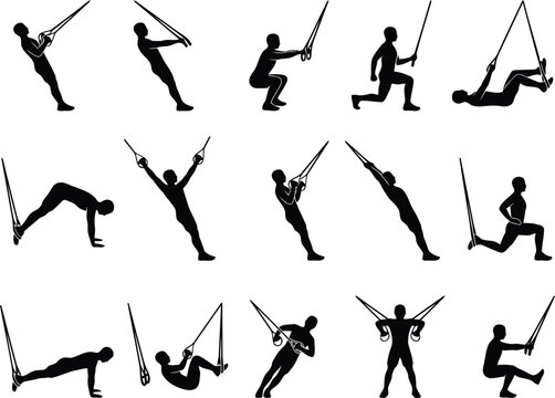 Set of black silhouettes of a man doing suspension training exercises with fitness straps for strength and body weight workout in the gym
