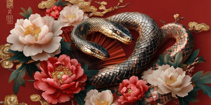 Coiled two-headed snake entwined with large pink, red, and white peonies and gilded branches on a deep red background, evoking dramatic luxurious tension