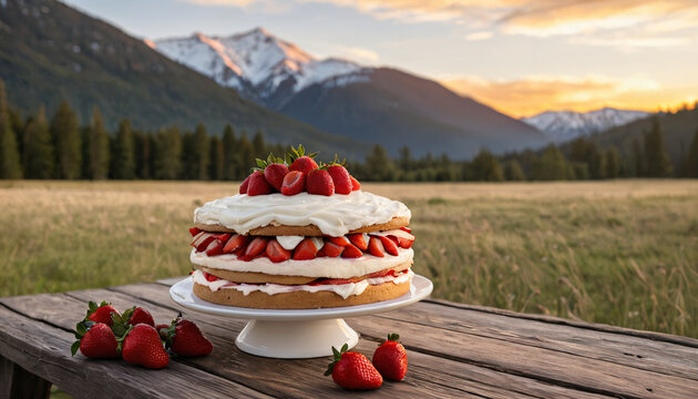 Frische Erdbeertorte auf wei&szlig;er Etagere in Bergwiese