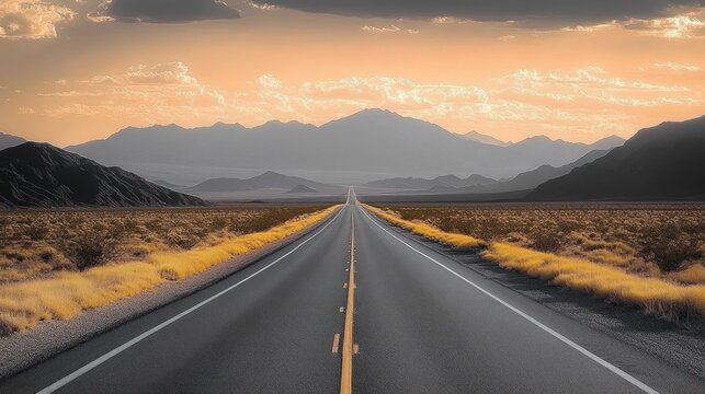 Empty two-lane road stretching straight toward distant mountain ranges at golden hour, flanked by dry yellow grasses and desert plains under a dramatic glowing sky, evoking calm and wanderlust