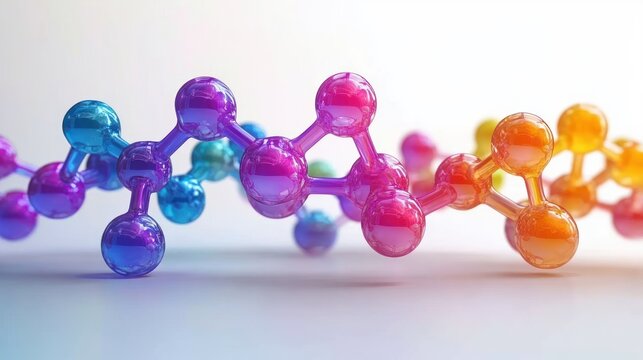 vibrant glossy 3d molecular chain of connected colorful spheres and bonds with gradient reflections on a clean white background, energetic and futuristic