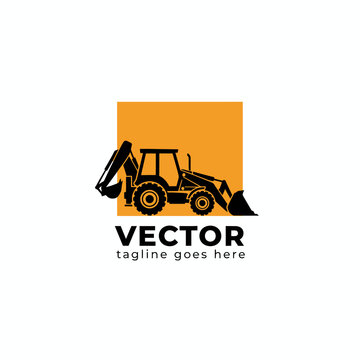 A black silhouette of a tractor with a front loader operates on a vibrant orange background in a graphic illustration for a vector logo design.